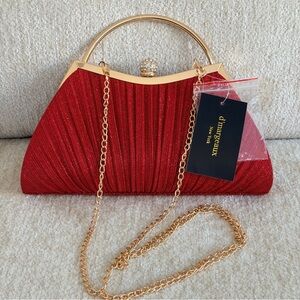 D’margeaux New York, Elegant Red Evening Clutch with Gold Chain